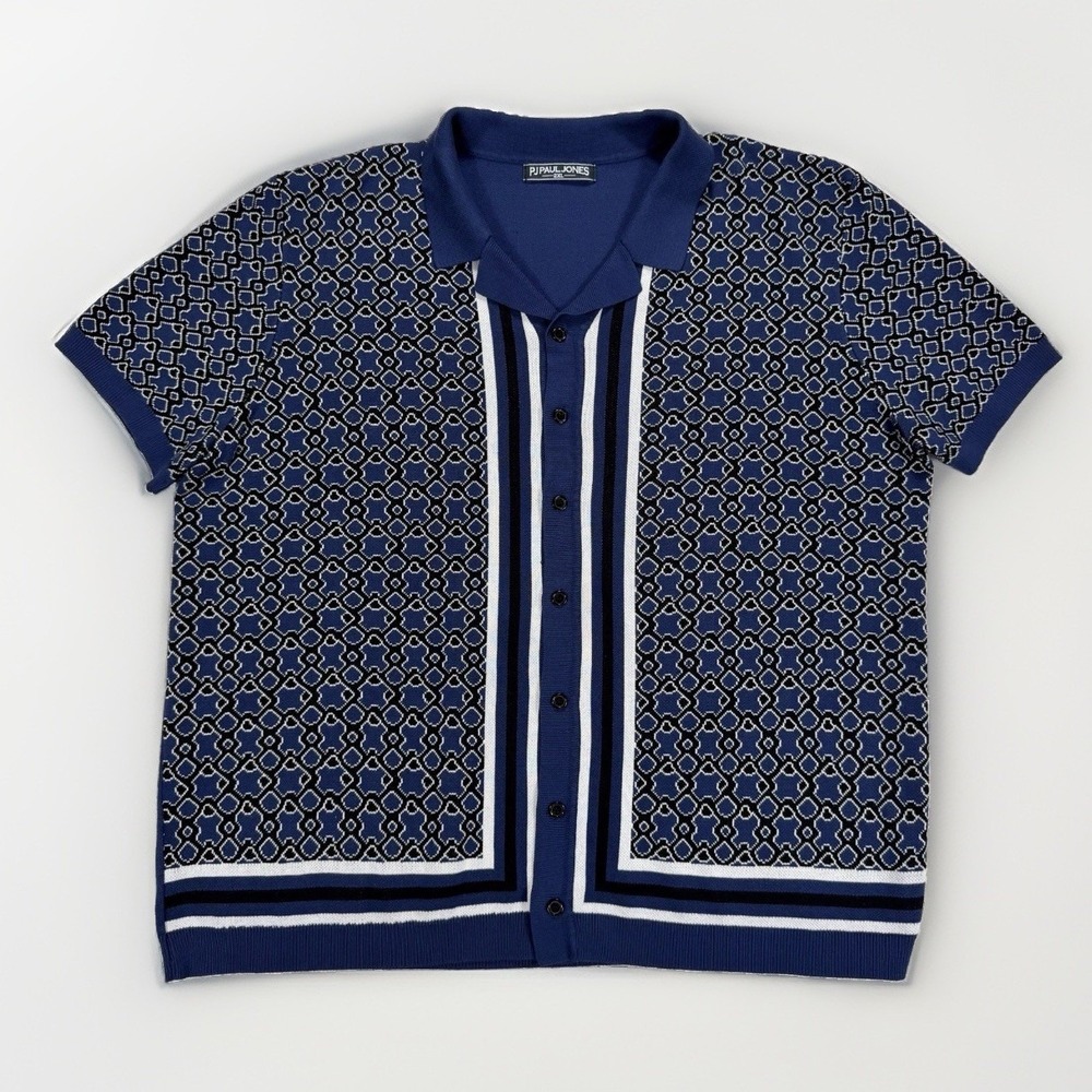 PJ Paul Jones Men's 2XL Knit Polo Shirt Button Front Geometric Retro Mod Preppy